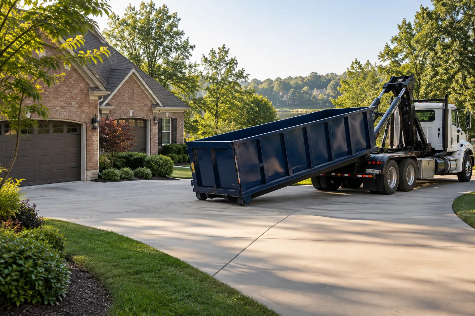 Roll-off dumpster being delivered to a clear residential driveway